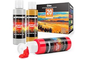 Gifort Colori Acrilici per Dipingere, 20 x 60ML Colori Acrilici con 3 Pennelli per Artisti e Principianti, Ricchi Pigmenti Acrilici per Tela, Legno, Carta e Plastica.