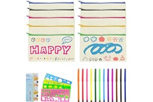 DOWNDRIFT 10 Stück Leinwand Federmäppchen zum Bemalen Stoffbeutel Mäppchen zum Bemalen mit 12 Buntstift, 4 DIY Malschablonen und Haftnotizen für Basteln Kindergeburtstag Kosmetiktasche Aufbewahrung