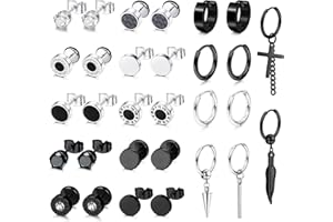 JeweBella 30Pcs Boucle D'oreille Homme Acier Inoxydable Piercing Oreille Cartilage Noir Ronde en Argent Ziconia Cubique Clou d’Oreille Ensembles Anneau Boucle D'oreille Créole pour Homme Femme
