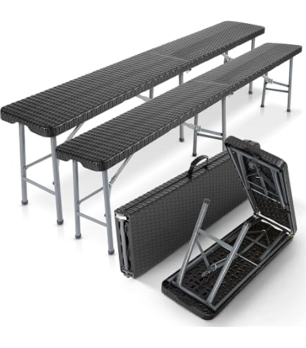 Lot De 2 Bancs Pliants Polyvalents 400 Kg – 180 Cm Aspect Bois, Idéal Camping, Jardin & Fêtes