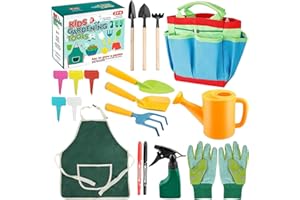 GIUGIO Set di attrezzi da giardinaggio per bambini, 23 attrezzi da giardinaggio, guanti da giardino per bambini, giocattoli per bambini con annaffiatoio pala rastrello, vanga, grembiule, giocattolo da