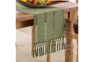 SERENTO Camino de Mesa de Lino Macramé Camino de Mesa Rústico Bohemio, Corredor para Cocina Vintage con Borlas Verde Table Runner 30x180cm para Mesa de Comedor de Cocina Decoración