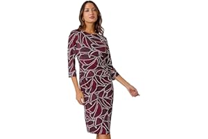 Roman Originals Ruched Waist Dress for Women UK Ladies Side Pleat Winter Autumn Textured Fitted Shift Pencil Smart Lined Fitted Stretchy Jersey Work Knee Length Round Neck