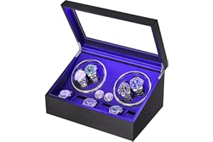 ANWBROAD Remontoir à Montre Ecrins pour Montres Automatiques pour 4 +6 Boîte à Remontoir de Rangement Supersilencieux Luxueux Watch Winder LED Légère 4 Modes de Rotation en fibre de carbone JWW002C