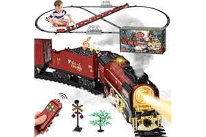 GPANVOR Jouet De Train Électrique À Vapeur, Train Electrique avec Fumé, Lumières et Son, Ensemble de Jouets de Noël avec Télécommande, Moteur de Locomotive à Vapeur, Wagons Fret et Voies pour Enfants 3+ Ans