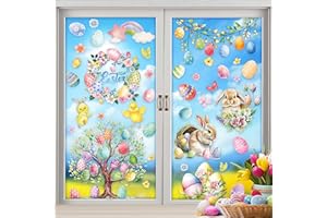 GOZINA 9 Blätter Fensterbilder Ostern Selbstklebend, Beidseitiger Druck Fenstersticker, Frühlingsdeko Osterdeko, Wiederverwendbar Hasen Blumen Ostereier Statischer Aufkleber für Ostern