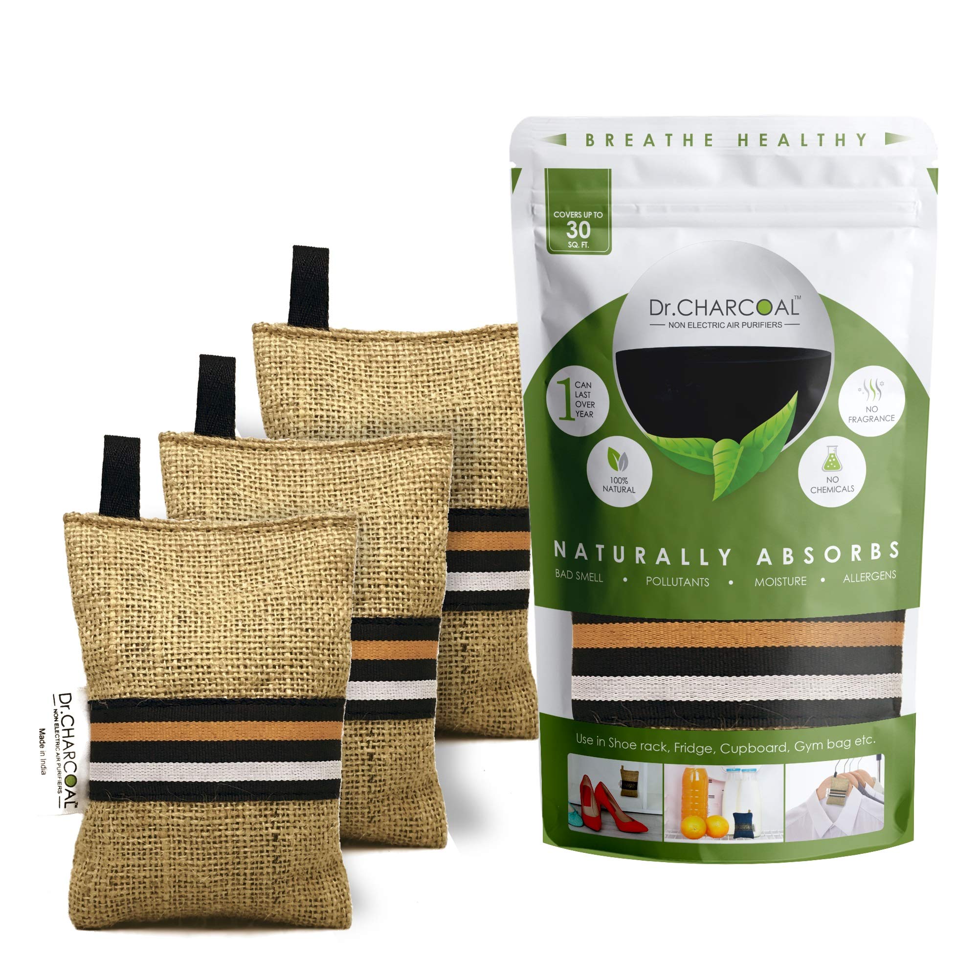 Dr. CHARCOAL Dehumidifier to remove moisute and bad smell from Wardrobe, Shoe Rack and Refrigerator (Modish Khaki, 75g, pack 