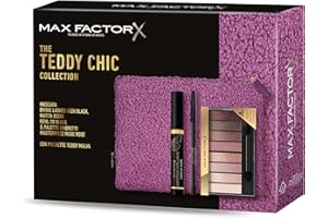 Max Factor, Cofanetto Regalo Donna Teddy Chic, Pochette in morbido tessuto teddy con Mascara Divine Lashes + Matita Occhi Khol Kajal 20 Black+ Palette Ombretti Masterpiece Nude Rose