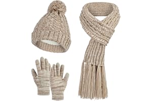 DiaryLook Beanie Hat 3 in 1 Warm Long Scarf Touchscreen Glove Set of 3 Winter Thick Chunky Knitted Pom Cap