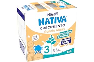 NESTLÉ NATIVA Leche líquida de crecimiento 3 con galleta maría sin azúcar añadido para bebés a partir de 1 año. 6 bricks de 1L