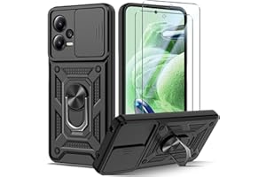 Guisessy Funda para Xiaomi Redmi Note 12 5G /Poco X5 5G Armor Carcasa Cubierta de cámara Deslizante Proteger con 2 Pack Cristal Templado Protector,con 360 Anillo Soporte PC y Silicona TPU Case (Negro)