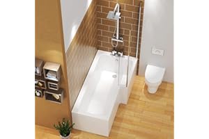 ROYAL BATHROOMS Qubix 1600 x 850mm Right Hand L-Shaped Shower Bath Bathtub with MDF Front Panel + Glass Shower Screen