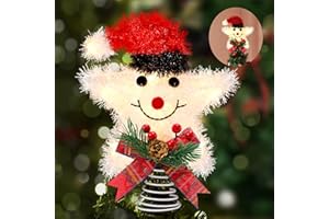 WHOLEV Estrella De árbol De Navidad El muñeco de Nieve Blanco sonríe, 20CM Estrellas Superiores De árbol De Navidad, 20 Luces LED Estrella De árbol De Navidad para Decoraciones