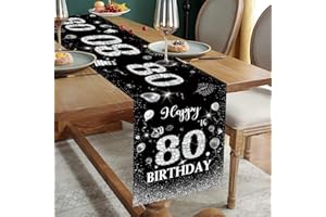 DOMGOGE Happy 80th Birthday Table Runner Black Silver 80th Birthday Table Runner for Men Women Him Her 80 Years Old Birthday Celebration Party Decorations Non-Slip Dining Table Linen Cloth Decor 180x35cm Long