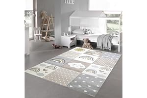 Teppich-Traum Alfombra Infantil de Juego con Corazones y Puntos Arcoíris Nubes Beis Gris marrón - de fácil Cuidado Größe 200 x 290 cm