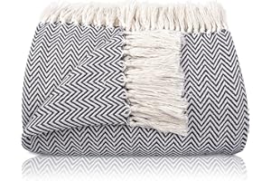 Gräfenstayn Narzuta klasy premium z frędzlami, XXL, 100% bawełna, wzór w jodełkę, koc, na lato, na łóżko, na kanapę, na sofę, 220 x 240 cm, antracytowa