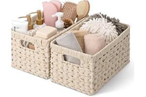 GRANNY SAYS Panier Rangement Osier en Plastique, Lot de 2 Paniers et Boîtes de Rangement avec Poignées, Paniers de Décoration, Panier Osier Rectangulaire, Panier Rangement Salle de Bain, Blanc