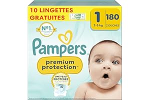 Pampers Premium Protection Taille 1, 180 Couches + 10 Lingettes Harmonie Aqua, 2-5kg, Double Protection pour la peau et contre les fuites
