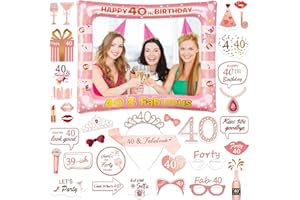 40th Brithday Decoration, SPLAKS Rose Gold Birthday Photo Booth Frame with 32PCS Photo Booth Props, 40th Birthday Gifts for Women Birthday Gifts for Her, BTDPhoto40