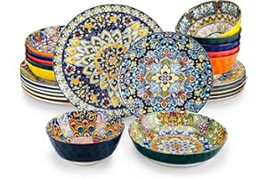 vancasso SIMI Service de Table 6 personnes, Vaisselle en Céramique 24 Pièces, 6 Assiettes Plates, 6 Assiettes Dessert, 6 Bols à Pâtes et 6 Bols à Céréales, Style Bohème, Lave-Vaisselle Safe