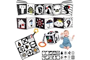 ATOWORLD 23PCS Livre Tissu Noir et Blanc Bébé Eveil Sensoriel 0-3 0-6 Mois Tummy Time avec Image Carte Noir et Blanc Contraste Montessori Bébé Hochet Jeu Bebe Eveil Sensoriel Mois Cadeau Naissance Fille Garcon