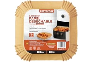PORTENTUM Papel freidora aire 100 unidades de 20-24 cm Cuadrado. Papeles Air Fryer Grado alimenticio BPA free, FDA y LFGB