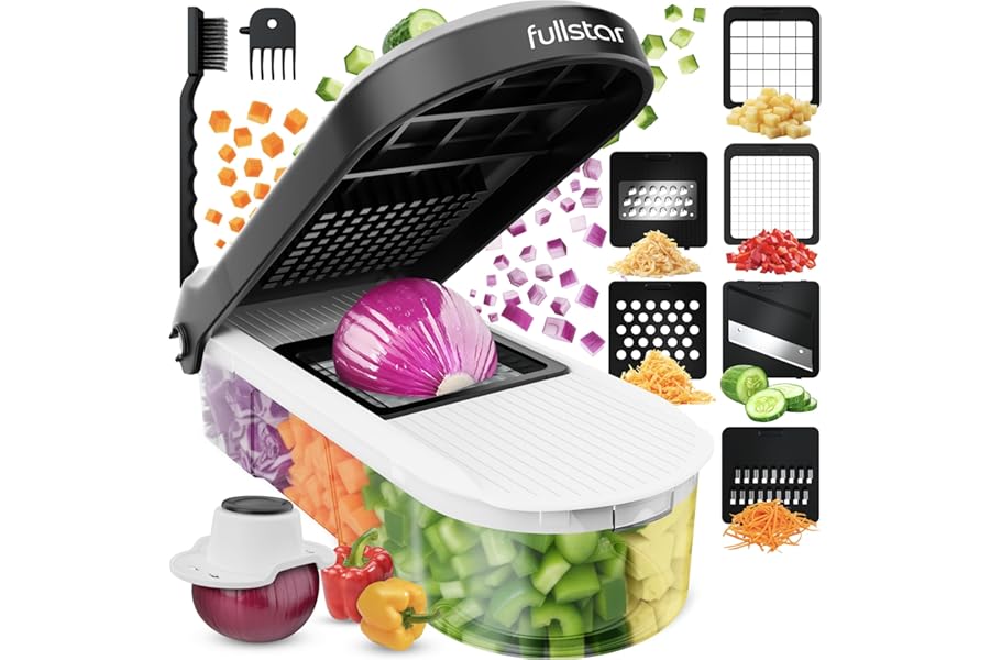 Fullstar Vegetable Chopper & Mandoline Slicer - Julienne Cutter Dicer Grater for Food Veg Onion Cucumber Tomato Salad Potato Cheese - Kitchen Gadgets & Accessories (Compact 6-in-1, White)