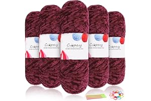 Coopay Lana de chenilla de terciopelo para ganchillo, 500 g (5 x 100 g), hilo de chenilla gruesa para tejer, mullida, suave, aterciopelada, con accesorios de ganchillo para bufandas, mantas, burdeos