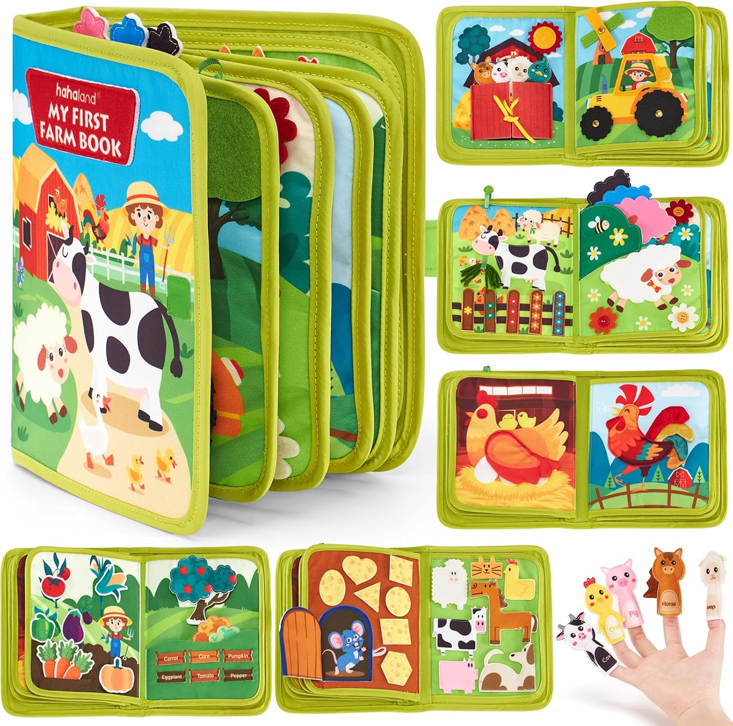 hahaland Libro Montessori 1 año - 20 en 1 Busy Board de Actividad, Libro Interactivo Juguetes Montessori para Niños 1 2 3 años - 10 Páginas Animales Granja