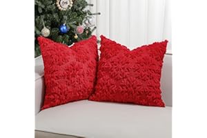 Lewondr Christmas Throw Pillow Cover 18x18, Set of 2 Super Soft Faux Fur Throw Pillow Covers Velvet 3D Snowflakes Embroidery Decorative Throw Pillowcase for Living Room Bed Couch Home Decor, Red