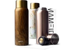 MAMEIDO Bouteille Isotherme avec Mug 1 l en Acier inox, Gourde Isotherme chaude 12h, Bouteille Thermo étanche sans BPA, café et thé (Oak Wood Gold)