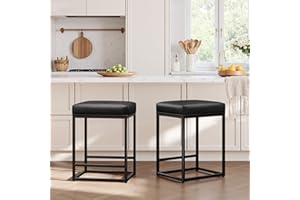 ALPHA HOME Bar Stools Set of 2 Black, 24 Inch Counter Height Stool with Footrest, PU Leather Bar Chair Backless, Kitchen Stools Dining Cafe Chair with Thick Cushion and Sturdy Metal Frame