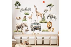 SHUCHING Jungle Animal Wall Stickers Peel and Stick, Safari Animals Elephant Lion Giraffe Wall Decals, Removable Wall Decor Art Home Decoration for Living Room Bedroom Nursery Playroom