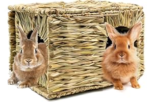 HYLYUN Extra Large Grass House for Rabbits - Hand Crafted Natural Grass Hideaway Foldable Bed Hut with Openings Playhouse for Bunny Guinea Pig Chinchilla Ferret for Play and Sleep
