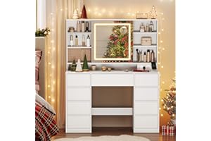 VASAGLE KAILYN Collezione - Toeletta con Specchio LED, Multipresa, 9 Cassetti, Specchio 10x, Portagioielli, Illuminazione a 3 Colori, Montaggio Binari Senza Attrezzi, Bianco Nuvola RDT137W01