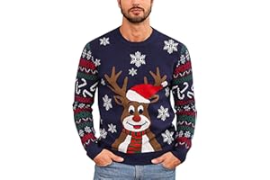 Marvmys Hombres Jerseys Navideños Suéter Divertido Navidad Copo Nieve Elk Knit Cuello Redondo Suéter Manga Larga para Hombres Fiesta Navidad