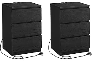 ‎VASAGLE VASAGLE Stolik nocny, zestaw 2 szt., stolik pomocniczy, 3 szuflady, ścięta krawędź, 2 gniazda AC, 2 porty USB, salon, sypialnia, gabinet, nowoczesny, heban czarny LET831B56