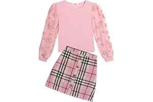 Arshiner Ragazze Completi di Abbigliamento Bambine Elegante Top a Maniche Lunghe con Plaid Gonna Set Autunno Inverno Outfit Moda Coordinati per Ragazze 5-13 Anni