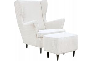 Domidekor Ohrensessel Überzug & Ottoman Schonbezug - Sesselbezug Stretch + Polsterhocker Cremefarben - Strandmon Sessel Bezug und Hockerbezug - Elastisch Samt Velour Schmutzabweisend - Oeko-Tex 100