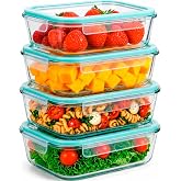 edihome, Glass Food Containers, 8 Pieces (4 Containers + 4 Lids), Airtight Food, Dishwasher Safe, Freezer Safe, Microwave Saf