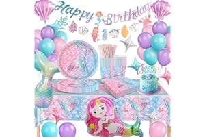 HLEIUKT Meerjungfrau Geburtstag Partygeschirr Set, Meerjungfrauen Pappteller Kindergeburtstag Set, Geburtstagsdeko Mädchen mit Luftballons, Meerjungfrau Geburtstagsdeko Party Tischdecke für Kinder