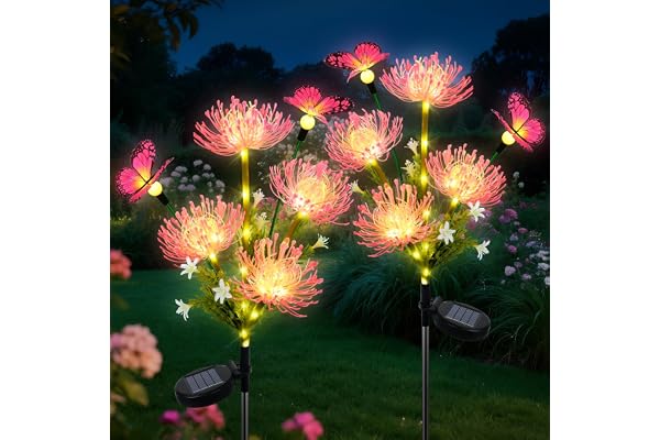 Fohil Lampe Solaire Exterieur Jardin, 2 Pièces 78 LED Lampes Solaires à Fleurs Avec Papillons, Étanche Lumiere Solaire Decoration Jardin Exterieur pour Patio, Chemins, Terrasse,Allée