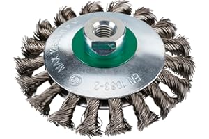 RHODIUS EKBZ | 1x Stück Ø 115 mm Kegelbürste Edelstahl | gezopfter Draht 0,5 mm, M14, Drahtbürste Winkelschleifer, Reinigungsbürste, Stahlbürste