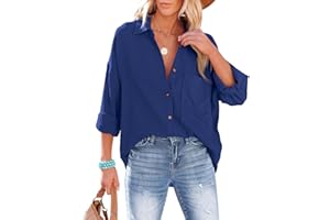 NONSAR Bluzka damska luźna koszula z dekoltem w serek, 100% bawełna, luźny krój, solidna, gruba górna część z kieszenią