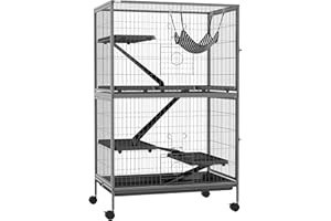 PawHut Jaula para Animales Pequeños de 4 Niveles Jaula para Roedores con Ruedas Rampas Hamaca Colgante y Bandeja Extraíble Recinto para Conejos Chinchillas Hurones 80x52x128 cm Gris Plateado