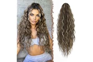 FESHFEN Coda Capelli Extension con Coulisse 65 cm Lunga Ondulati Ricci Posticci Sintetici Ondulati Coda Cavallo Extension Posticci Extension Capelli per Donna, Castano misto a biondo cenere