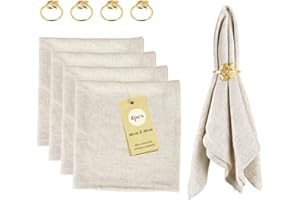 SUPAWAY Pack de 4 servilletas de Lino (4 Servilletas de algodón + 4 Servilletero), Set de decoración de Mesa 40x40 cm Servilletas de Muselina para Cocina, Comedor, Cena, café, Restaurante (Beige)