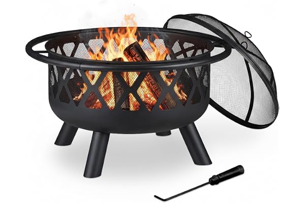 Relaxdays Brasero avec Protection étincelles, Jardin et terrasse, tisonnier, Foyer extérieur, en Acier; D 75 cm, Noir