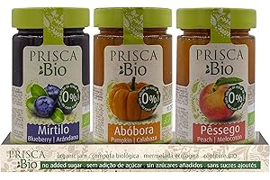 PRISCA Mermeladas 100% Ecológicas de Arándanos – Calabaza - Melocotón - Sin Azúcar Añadido – Produto BIO Certificado - Paquete con 3 Unidades de 240 gr cada
