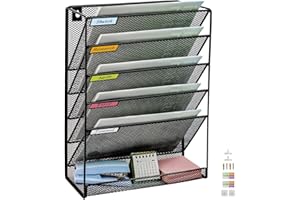 HIHOBDAY 6 Tier Mesh Hanging File Organizer Vertical Wall File Organizer Magazine Storage Rack for Office School Home, Nametag Label Hooks Set Included, Black